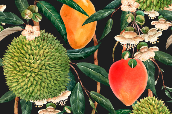 Durians en mango&#39;s in een tropische compositie