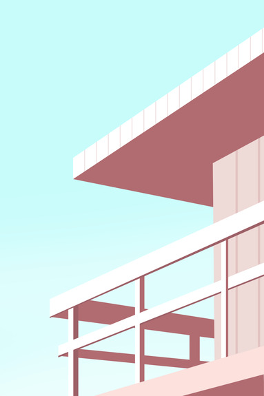 Een roze huis aan zee tegen een blauwe lucht