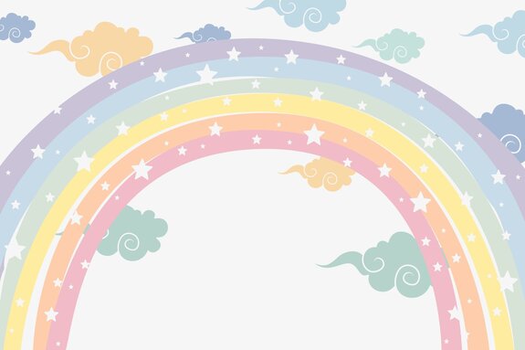 Een kleurrijke regenboog met sterren tussen de wolken