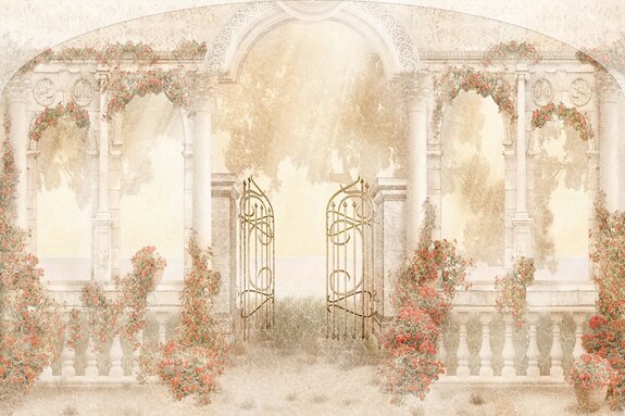 Poort en kolommen architectuur rode bloemen textuur achtergrond