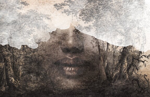 Een modern portret van een vrouw met gouden lippen en een tropische achtergrond.