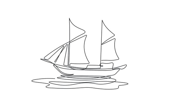 Een minimalistische tekening van een zeilboot op een witte achtergrond