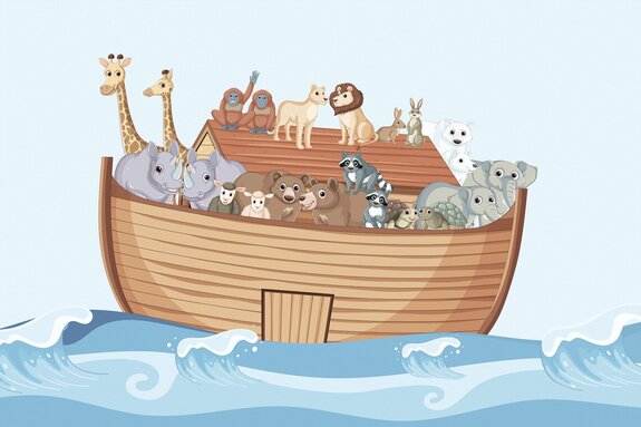 Een boot vol dieren die op de golven wiegen