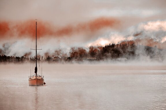 Een zeilboot op kalm water tussen mistige bomen