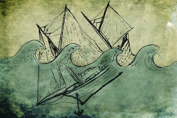 Een zinkend schip te midden van de ruwe zeegolven