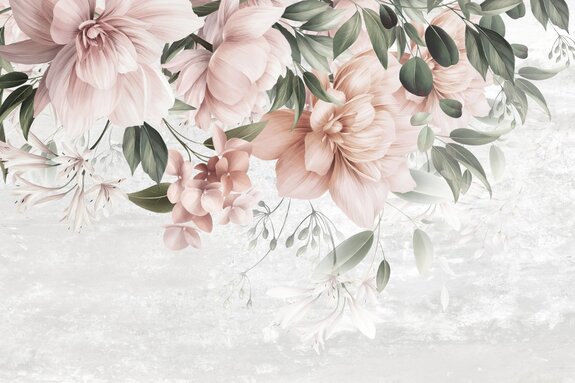 Roze bloemen tussen groene bladeren tegen een betonnen achtergrond