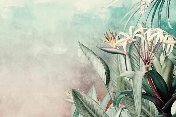 Exotische bladeren en bloemen op een aquarelachtergrond