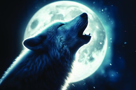 Een wolf huilt bij volle maan op de heuvel