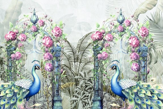 Botanisch rozenpark met majestueuze pauwen