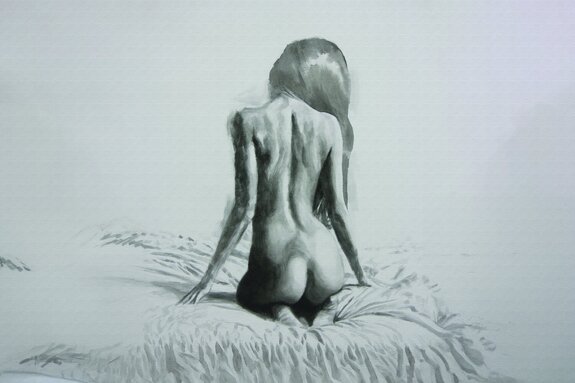 Een minimalistisch portret van een vrouw die op een bed zit