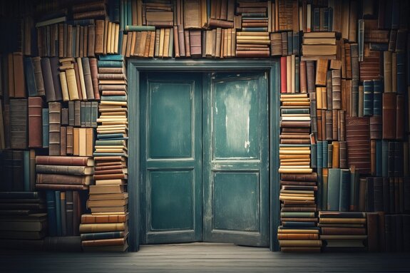 Rustieke deur aan een muur vol boeken