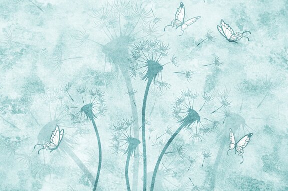 Een windvlaag met paardenbloemen en vlinders