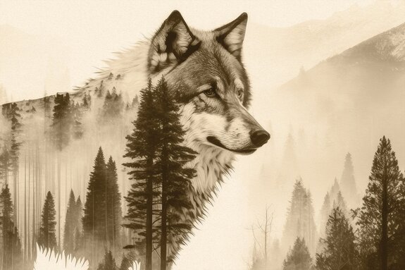 Abstract silhouet van een wolf en een boom