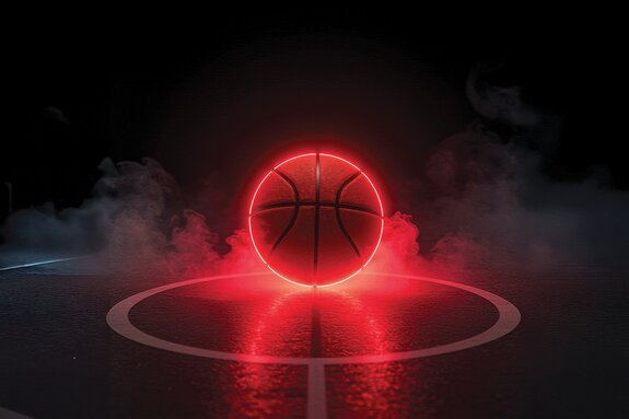 Een neon basketbal in een lichtgevende mist