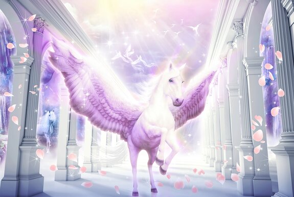 Een magisch paard met roze vleugels