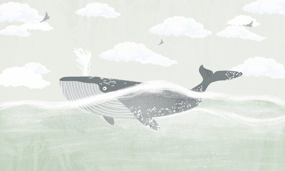 Een walvis in de zee met wolken en vogels op de achtergrond