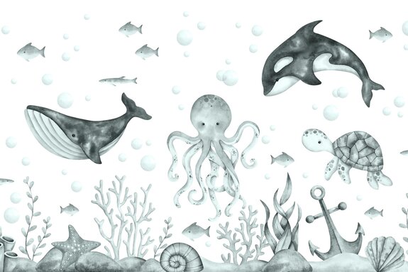 Illustratie van een walvis en een octopus in zwart-wit
