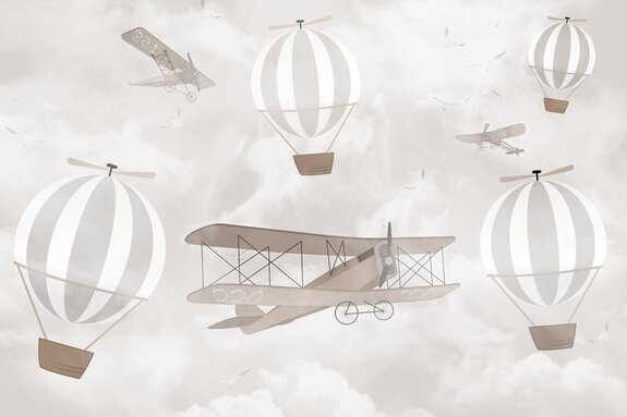 Airplanes and balloons against the sky with clouds