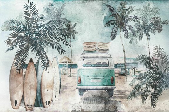 Illustratie van een bus en surfplanken op het strand