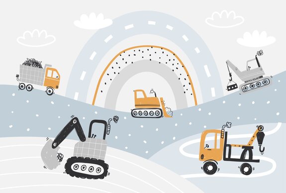 Bouwvrachtwagens tegen een abstracte regenboogachtergrond