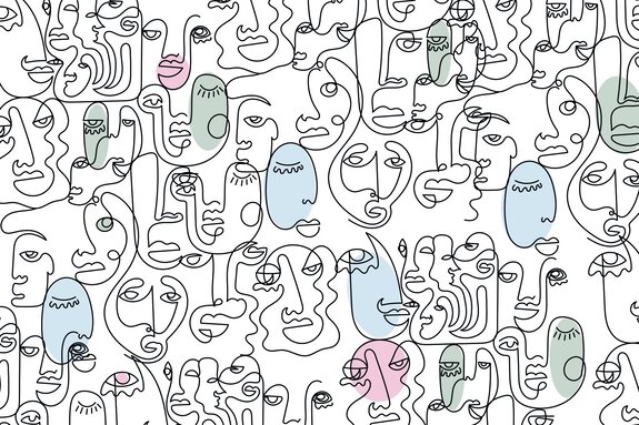 Gezichten getekend met één lijn en grijze accenten