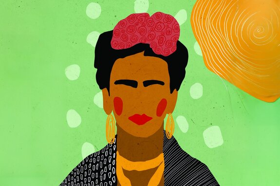 Een grafische afbeelding van frida kahlo op een groene achtergrond