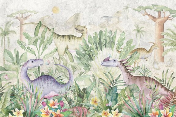 Kleurrijke dinosaurussen tussen tropische planten