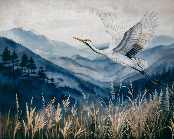 Een vogel tegen een bergachtergrond in aquarelstijl