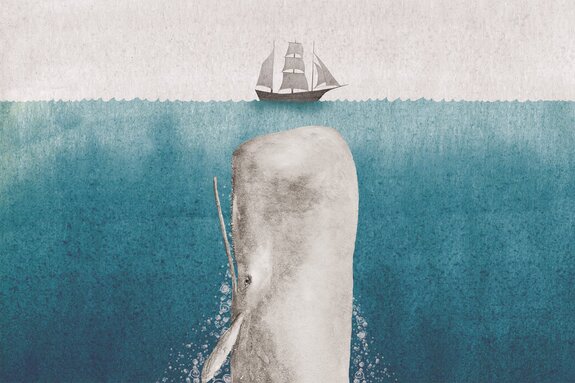 Zeelandschap met een walvis en een schip, aquarel