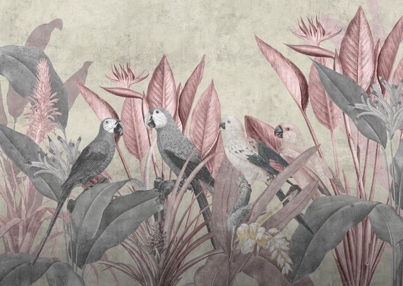 Papegaaien tegen een achtergrond van tropische planten