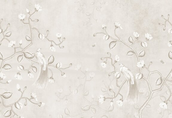 Beige motief met vogels op magnolia takken