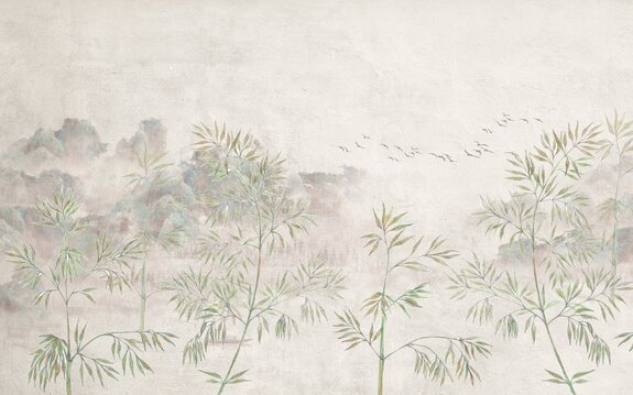 Bamboebomen met vliegende vogels op een gestructureerde achtergrond