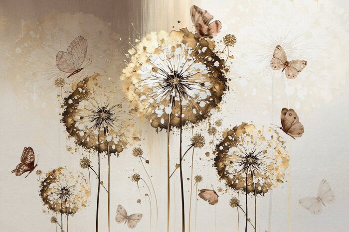 Een elegant patroon met paardenbloemen en vlinders op een gestructureerde achtergrond.