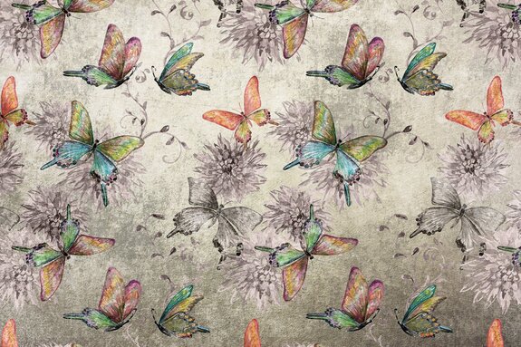 Botanical pattern of butterflies and flowers on concrete background with texture effect