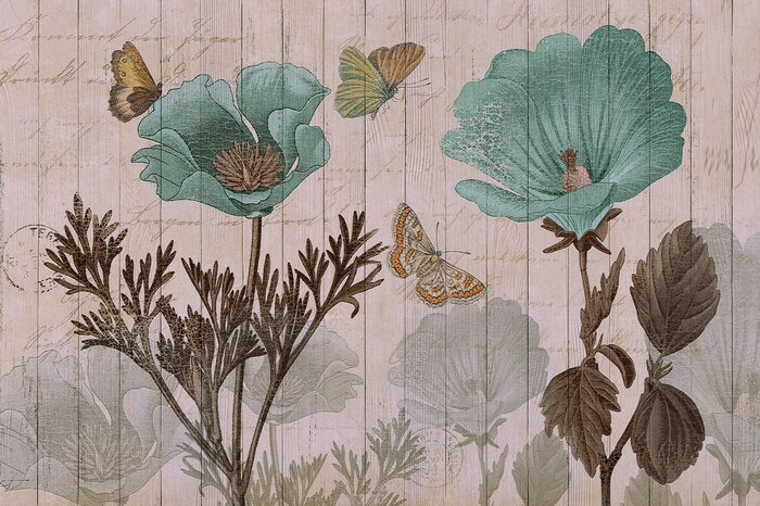 Blauwe bloemen en vlinders op een houten achtergrond, botanisch retromotief