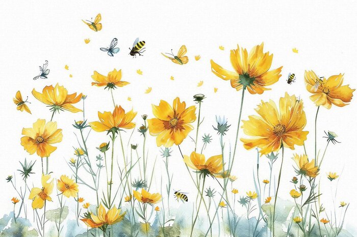 Gele wilde bloemen met botanisch patroon van insecten en vlinders op een lichte achtergrond