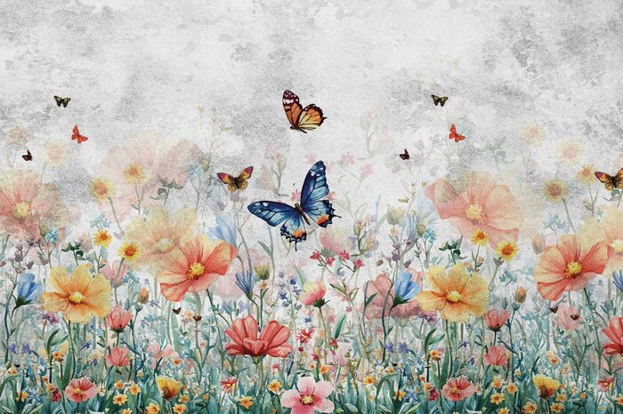 Kleurrijke weide met vlinders en een grijze achtergrond met structuur, botanisch patroon.
