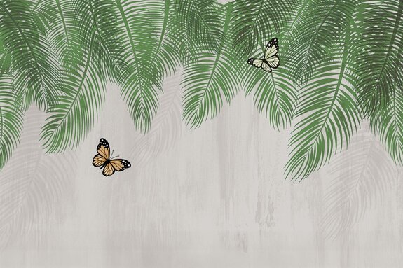 Botanical pattern with green palm leaves and butterflies on a textured background