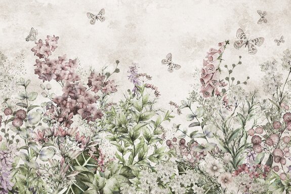 Butterflies on a flowery meadow, watercolor botanical pattern on a light background