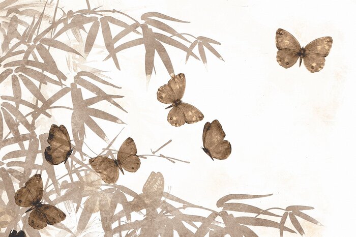 Een delicaat aquarelpatroon van beige vlinders en bamboe op een lichte achtergrond.