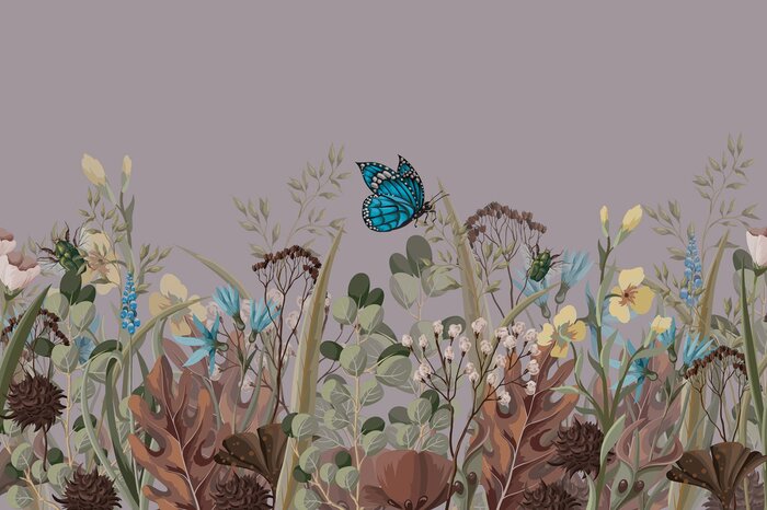 Blauwe vlinder in een weide vol bloemen, natuurlijk patroon