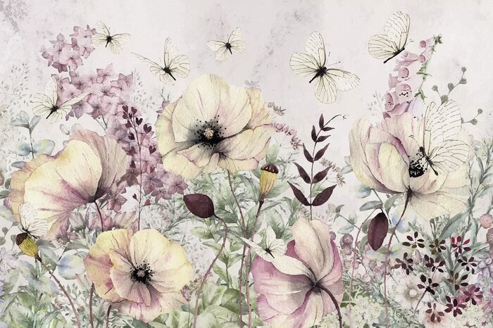 Aquarel weidebloemen en witte vlinders botanisch delicaat patroon