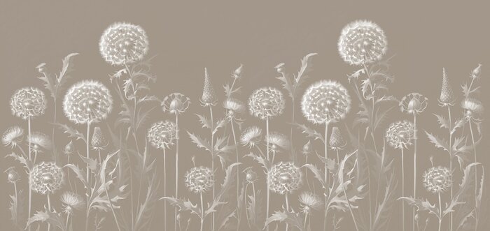 Witte paardenbloemen en wilde bloemen op een beige achtergrond, botanisch patroon