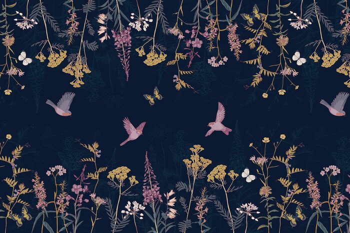 Wilde bloemen, vlinders en vogels in een botanisch patroon geïnspireerd door de natuur