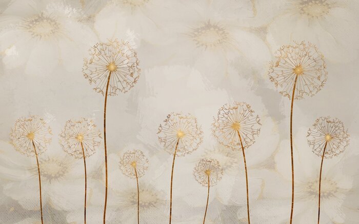 Abstracte gouden paardenbloemen tegen een achtergrond van delicate geschilderde bloemen