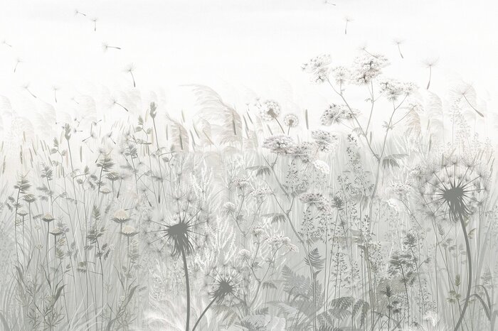 Wilde grassen en paardenbloemen in gedempte grijstinten