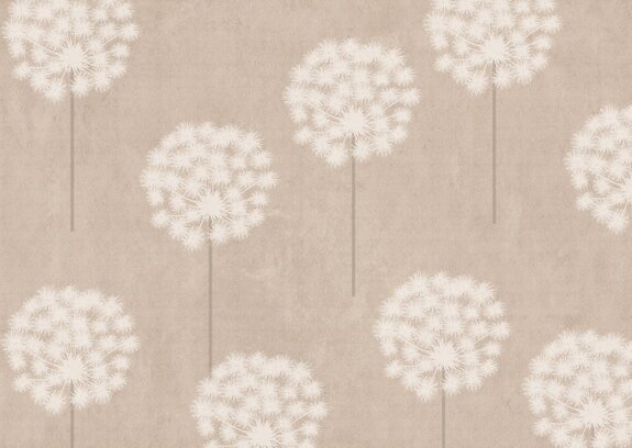 Dandelions and white flowers in a botanical motif on a beige-toned background
