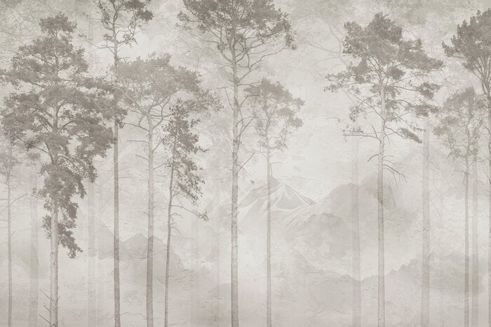 Een monochroom landschap met bomen tegen een achtergrond van glooiende bergen.