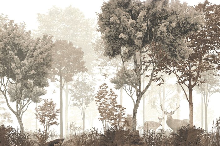 Vintage bosmotief met een hert en ree in een natuurlijk landschap