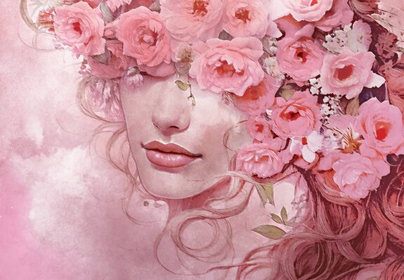 Een tere vrouw tussen roze bloemen in aquarelstijl